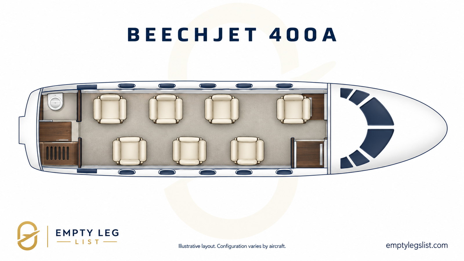 Beechjet 400A cabin layout drawing, illustrative