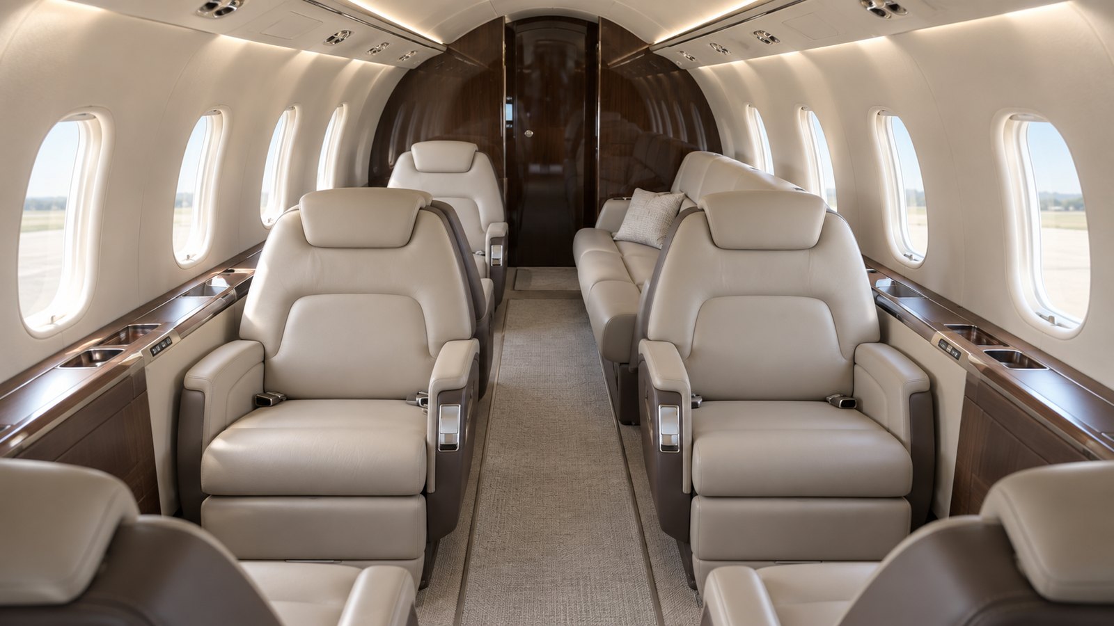 Challenger 350 cabin looking aft, four club seats and a three place divan in cream leather