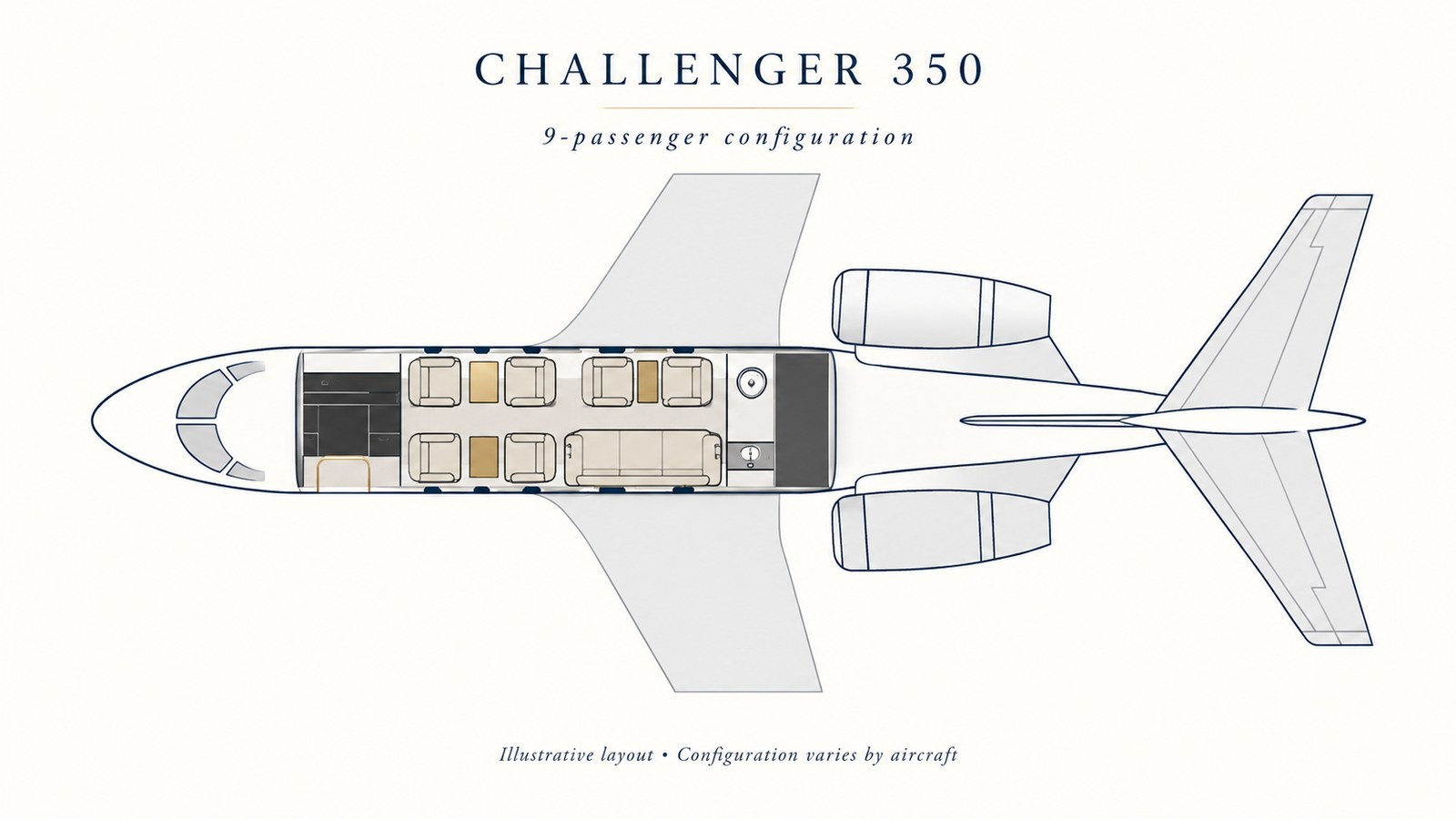 Challenger 350 seat layout diagram, nine passenger configuration