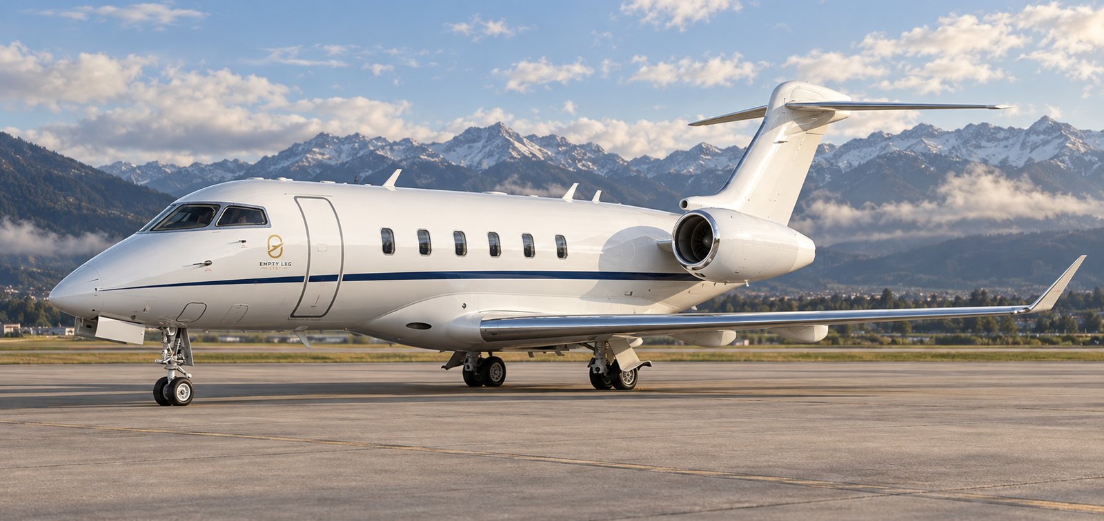 Bombardier Challenger 350 super midsize jet parked on an apron with mountains behind