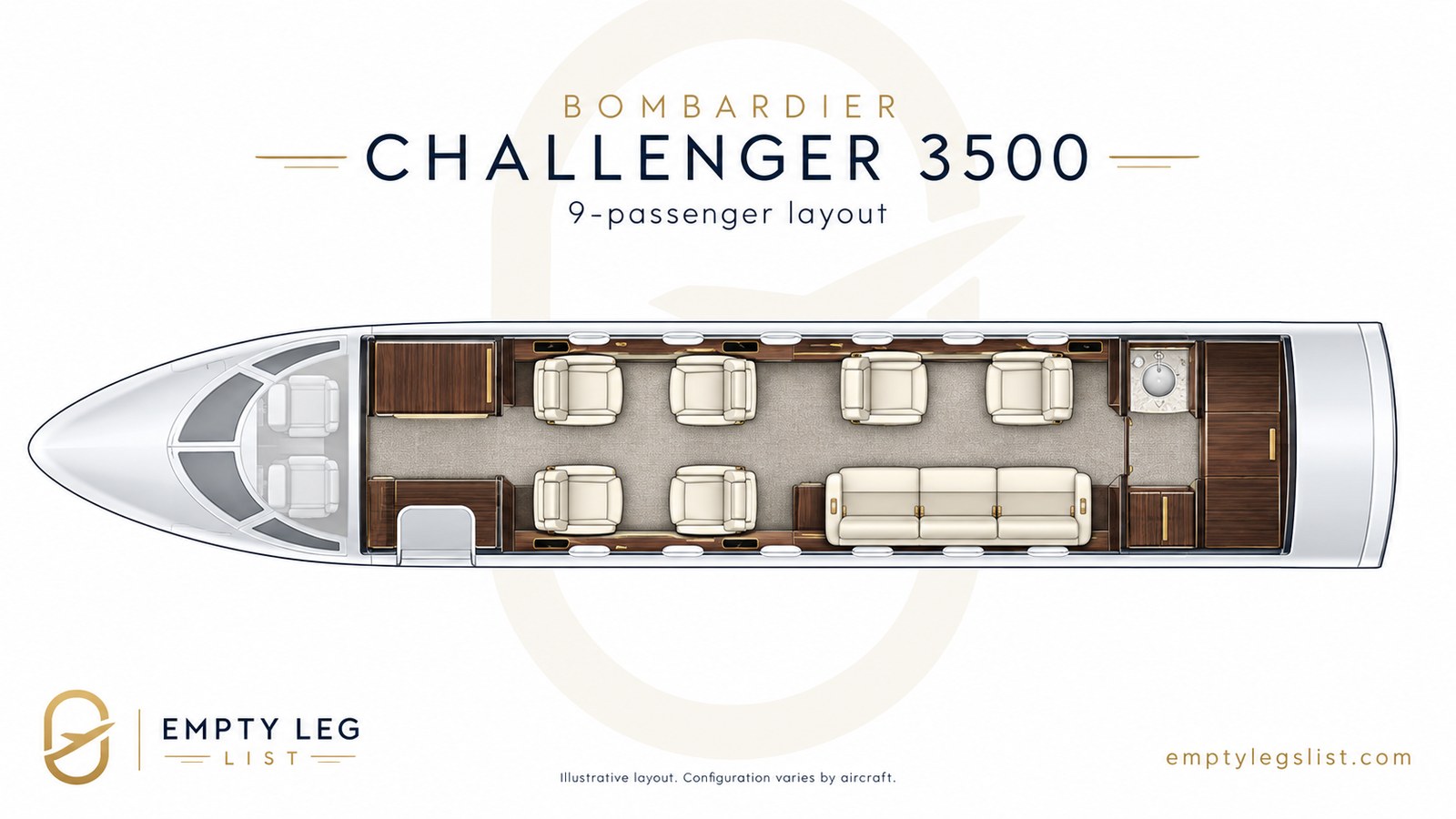 Challenger 3500 seat layout diagram, nine passenger configuration