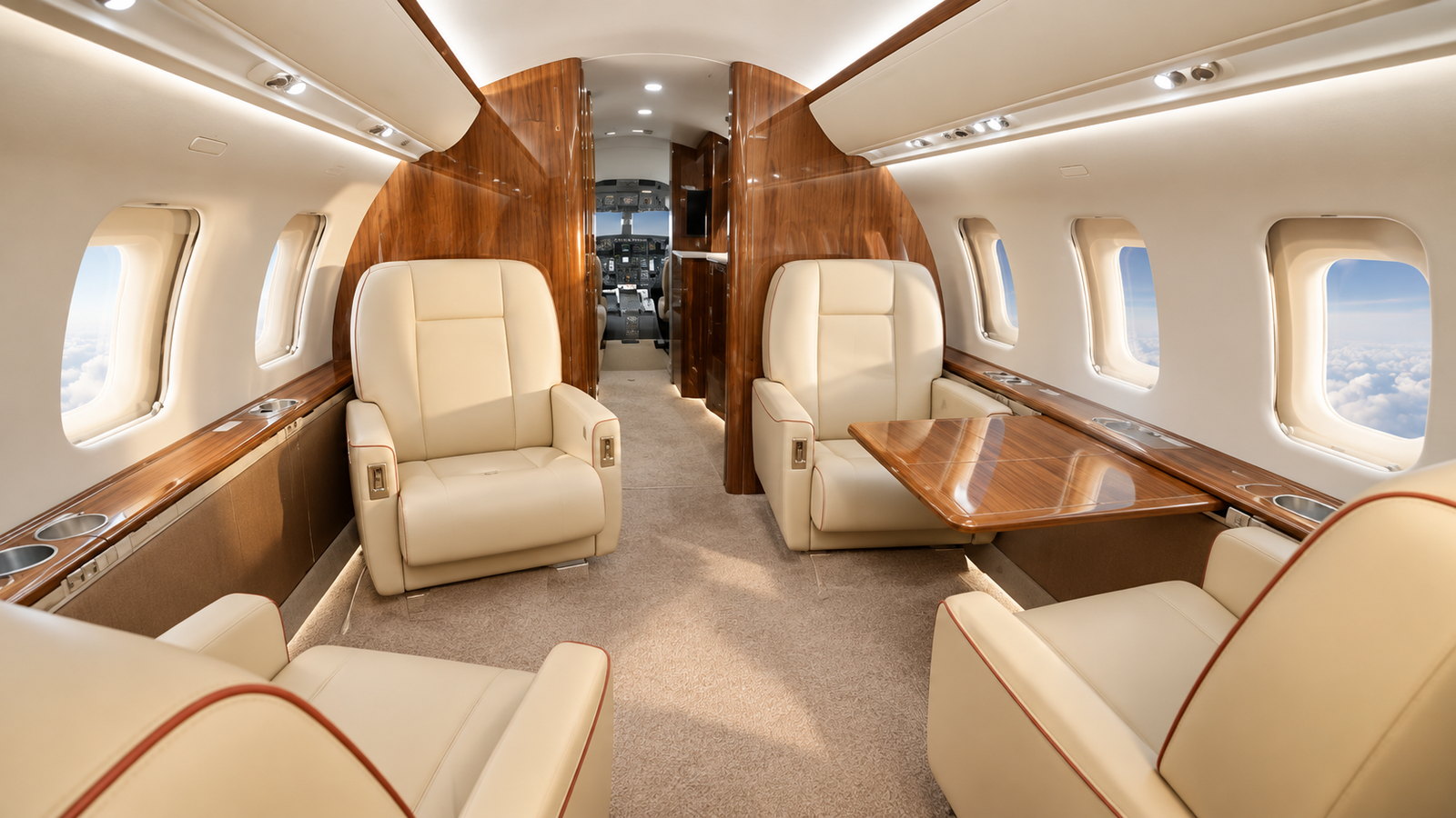 Challenger 605 cabin looking aft, club seats in cream leather with dark wood tables