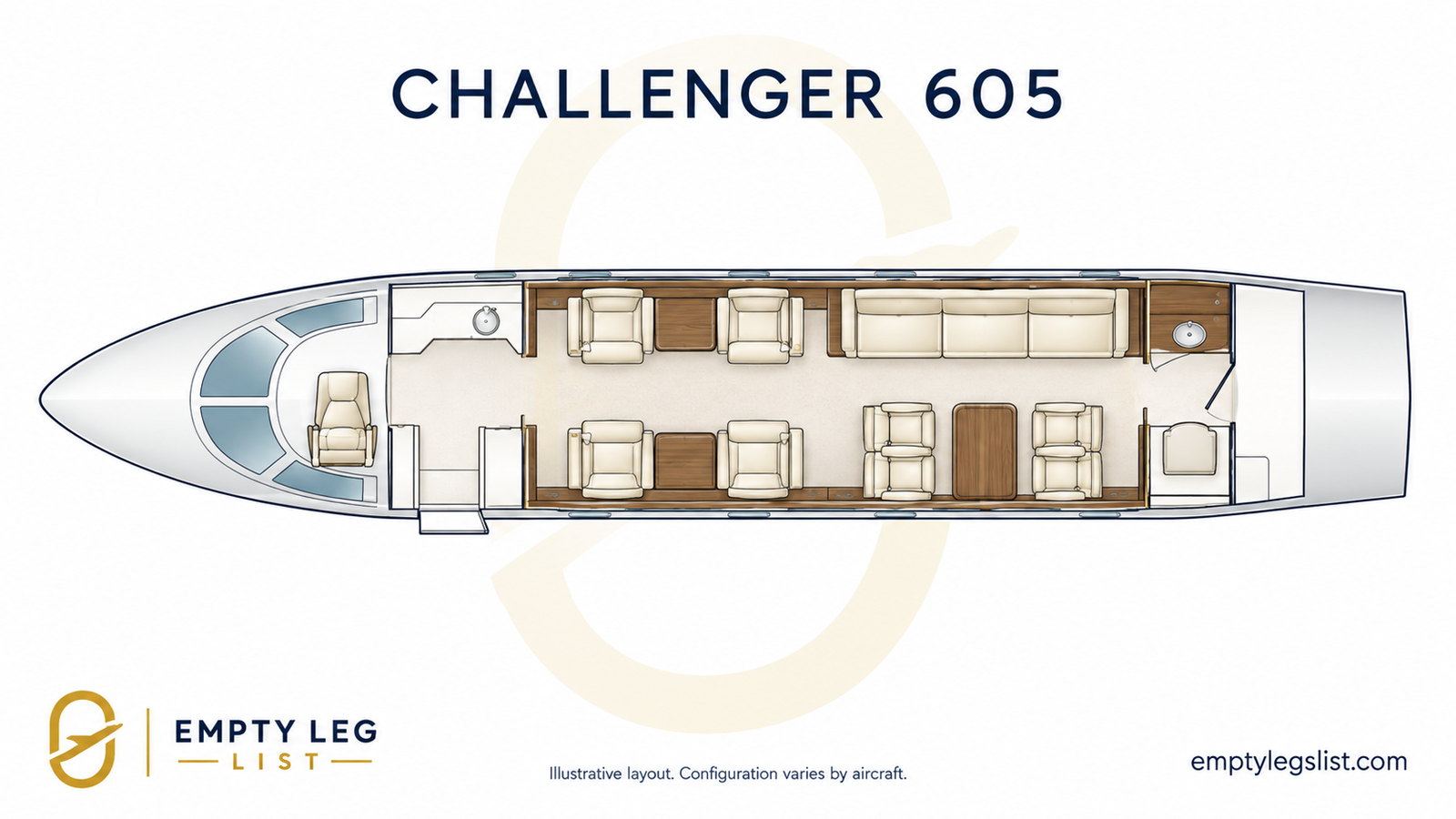 Challenger 605 cabin layout drawing, illustrative