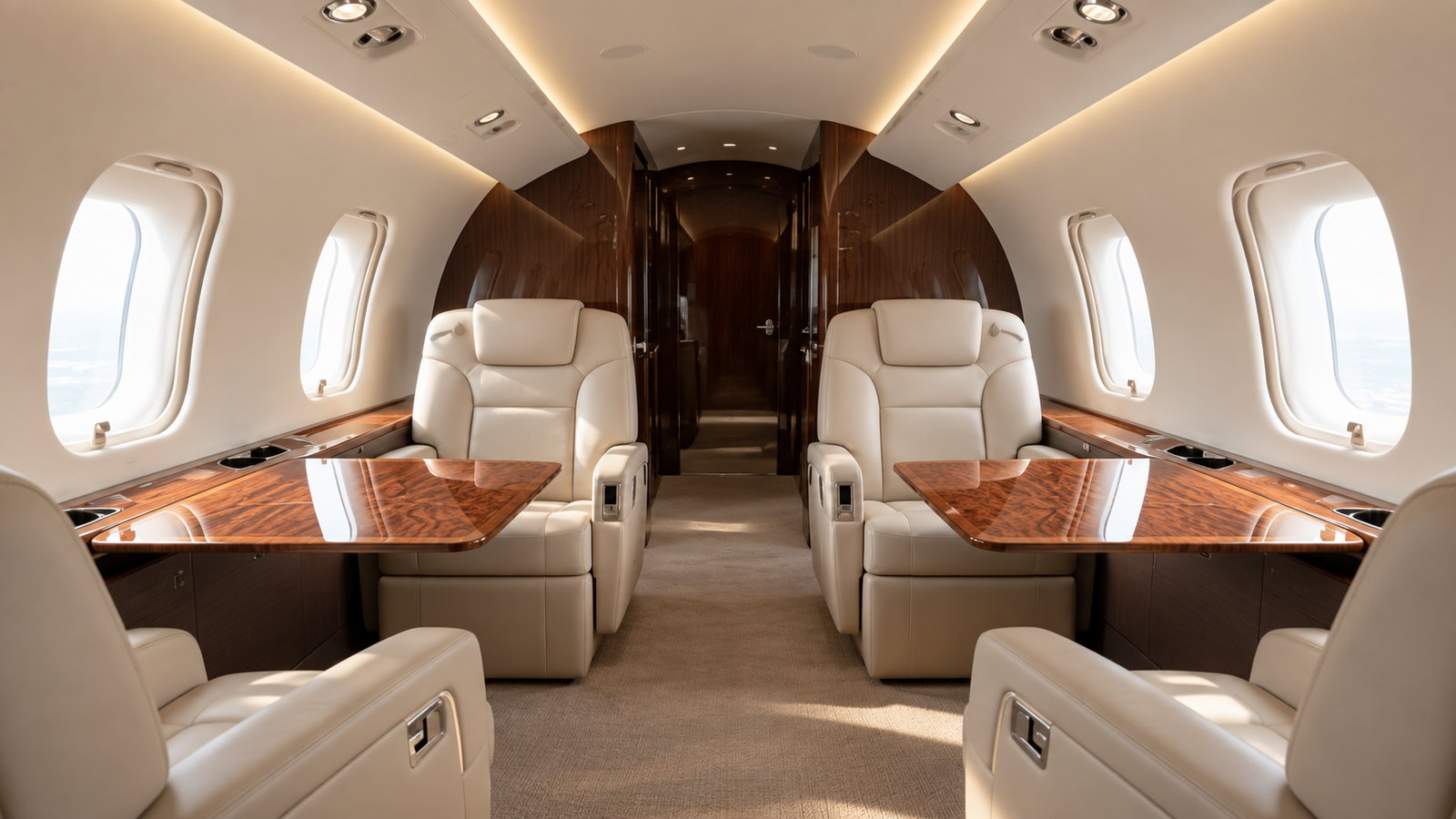 Challenger 650 cabin looking forward, club seats and tables in cream leather with dark wood