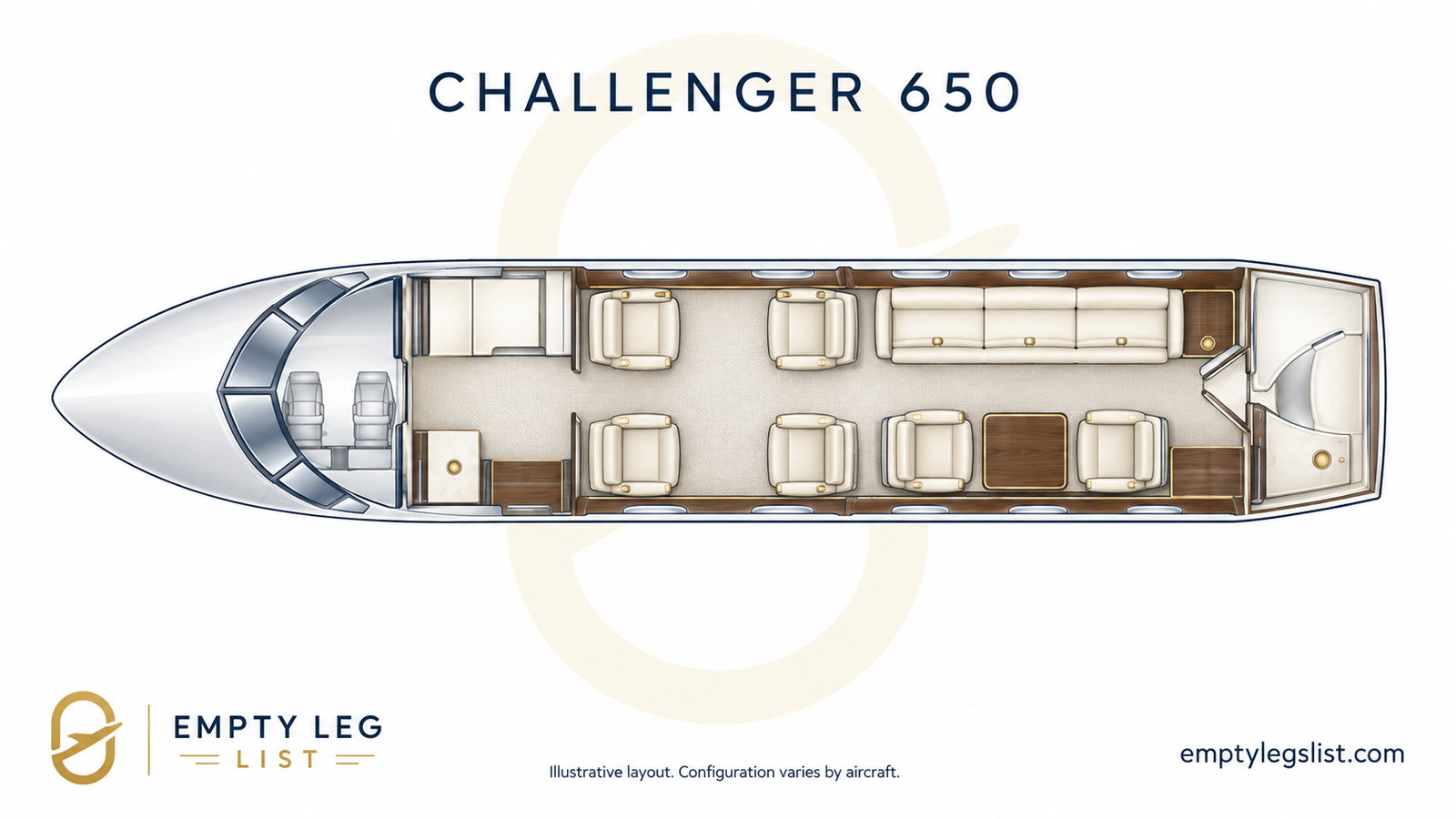 Challenger 650 cabin layout drawing, illustrative