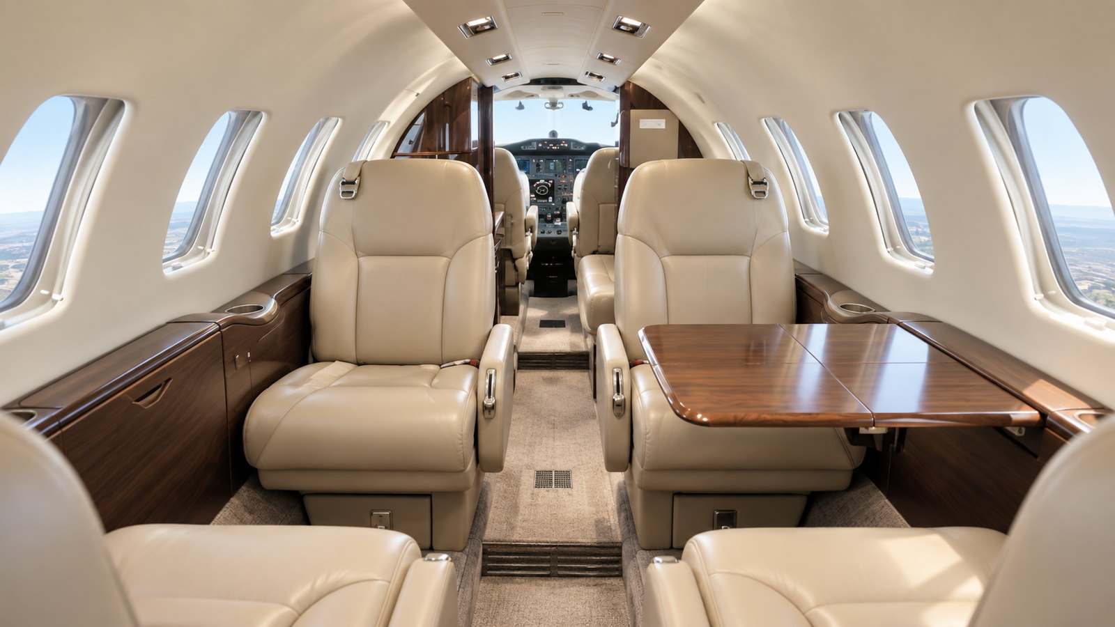 Citation Bravo cabin looking forward, club seats in cream leather with a side table