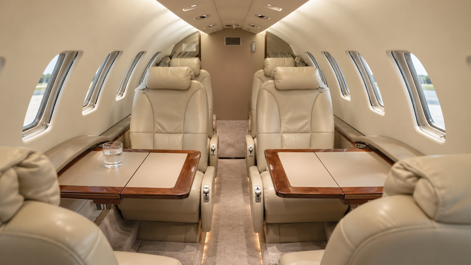 Citation CJ2+ cabin looking aft, four club seats with fold out tables