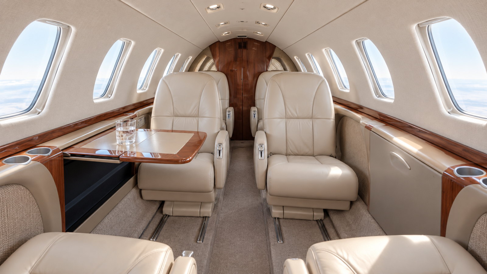 Citation CJ3 cabin looking aft, club seats in cream leather with a side table