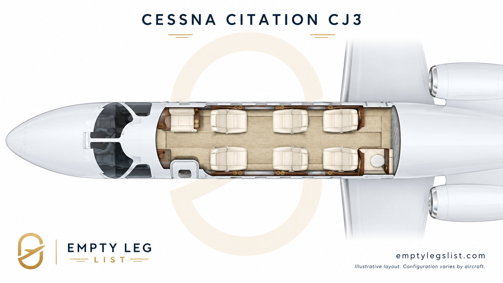 Citation CJ3 cabin layout drawing, illustrative