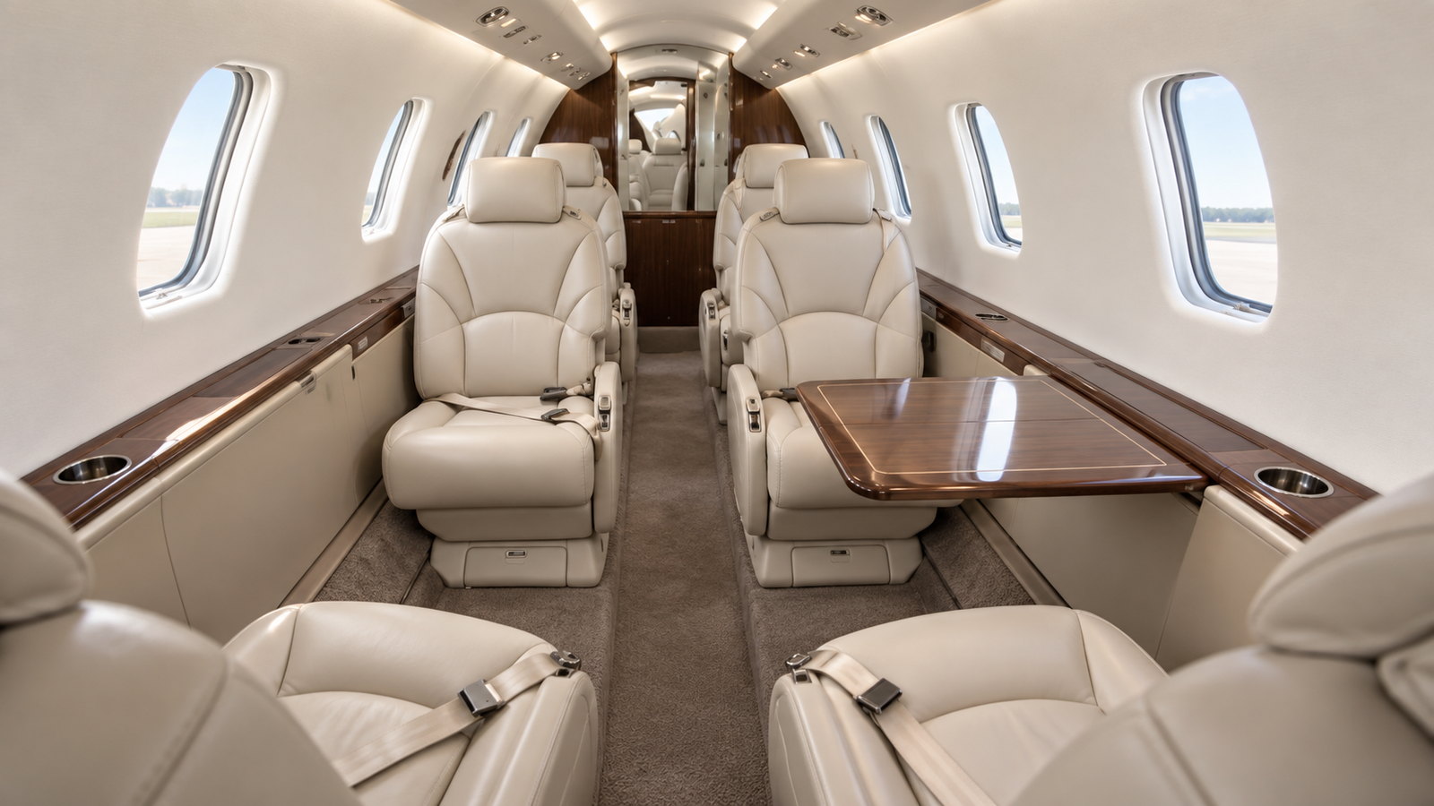 Citation Excel cabin looking aft, club seats with fold out tables in light leather