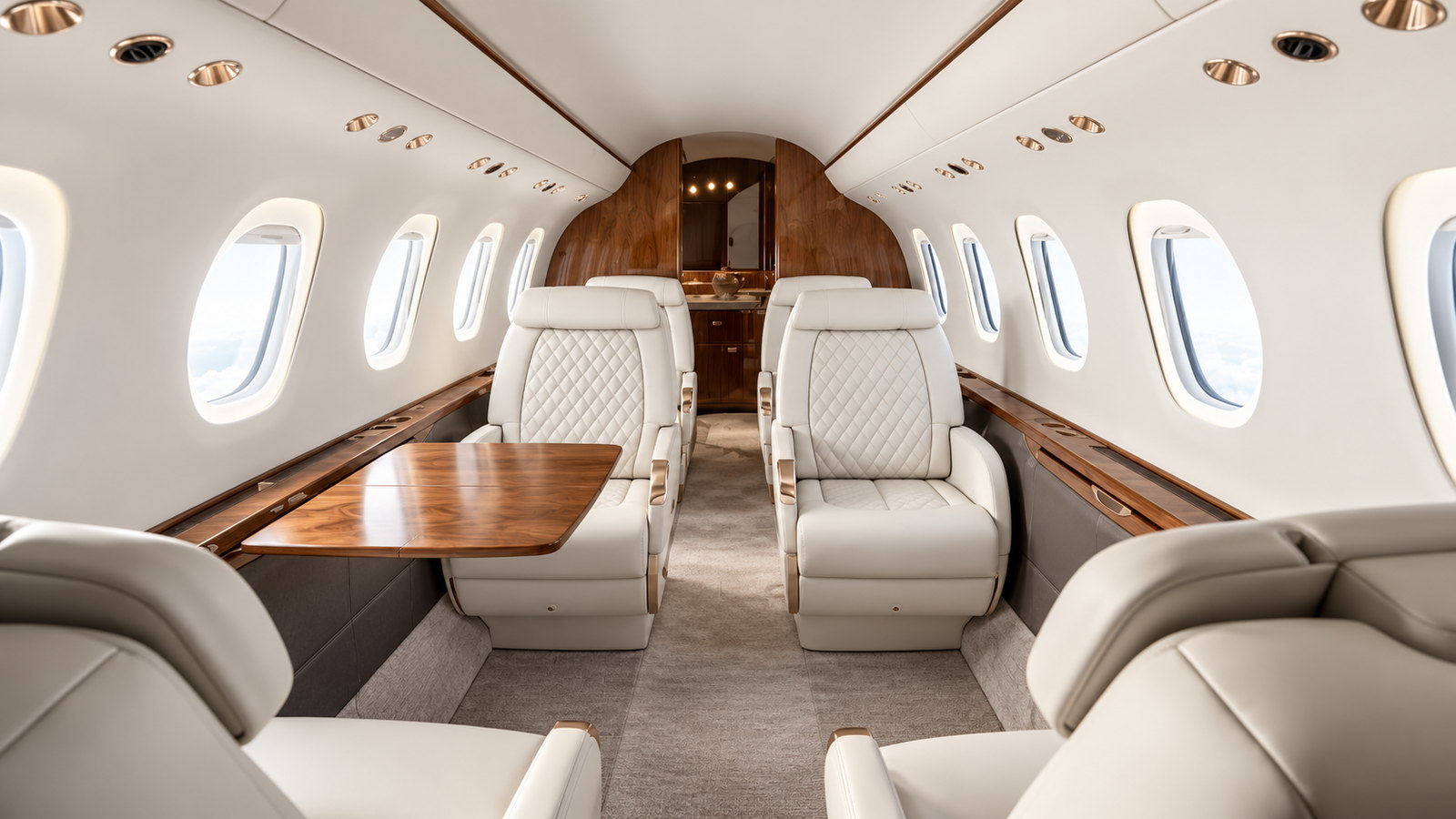 Citation Longitude cabin looking forward, club seats in cream leather with a wood table