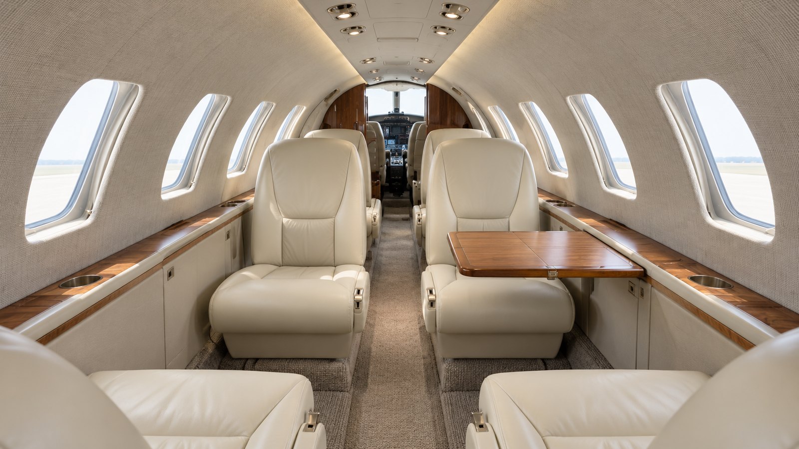 Citation Ultra cabin, club seats in beige leather with a side table, looking forward