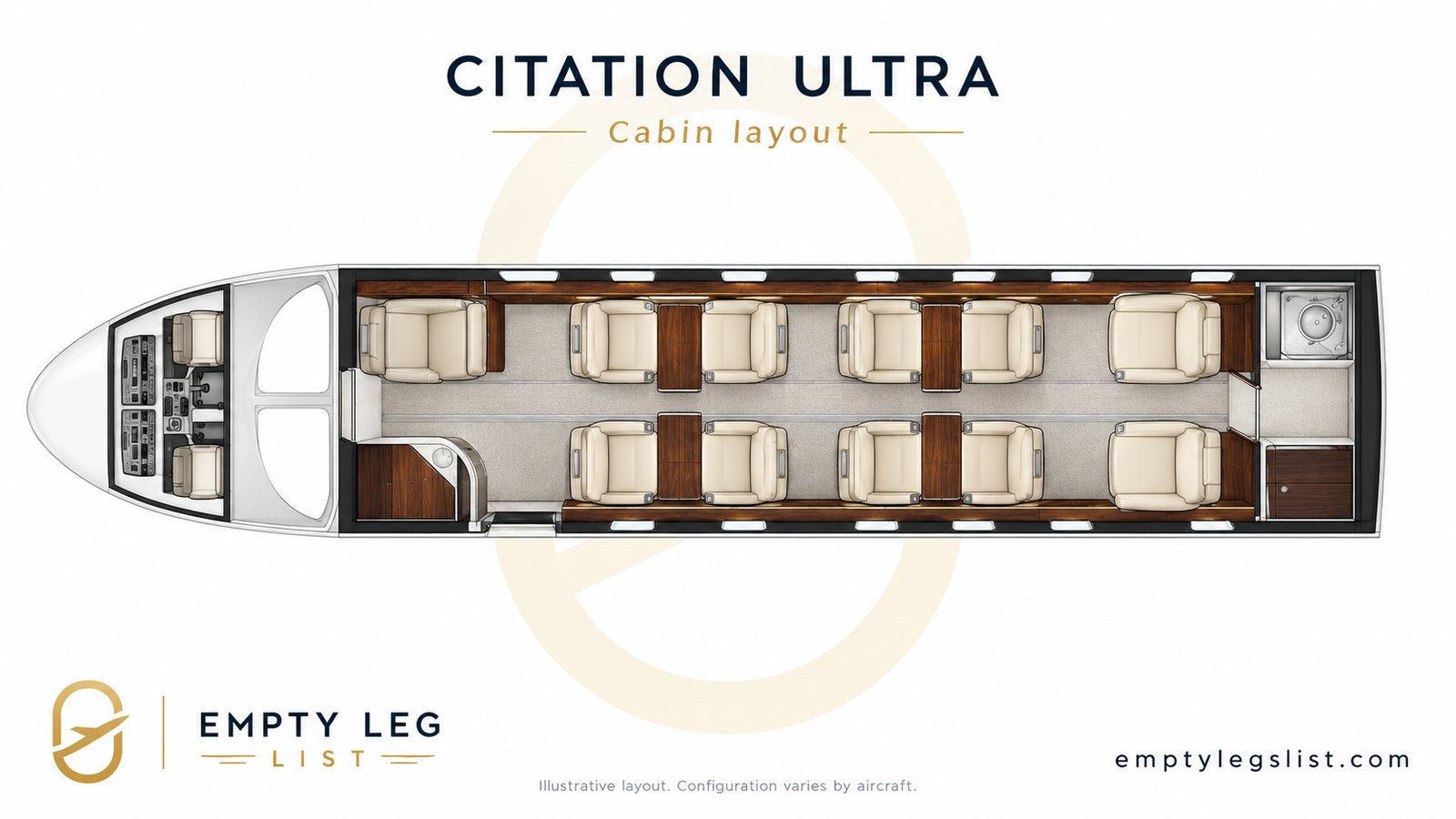 Citation Ultra cabin layout drawing, seven seats plus a belted lavatory seat