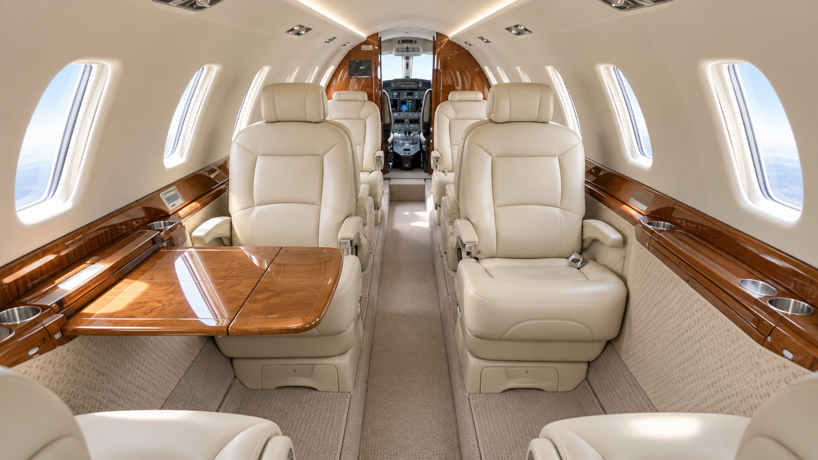 Citation X cabin looking forward, club seats in cream leather with a table and dark wood trim