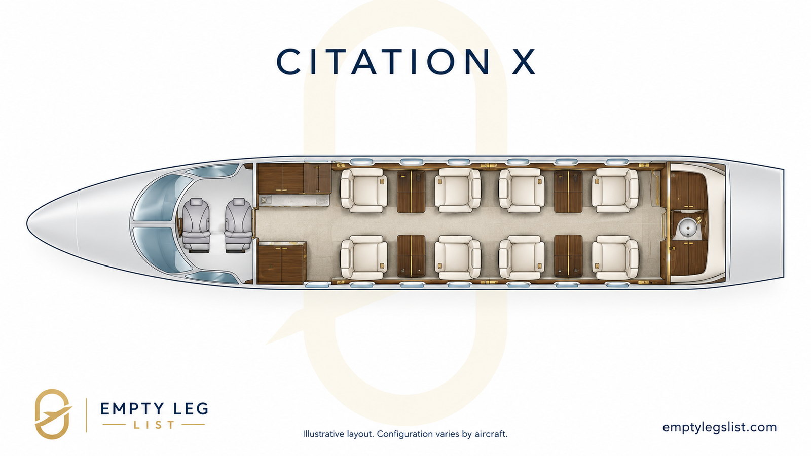 Citation X cabin layout drawing, illustrative