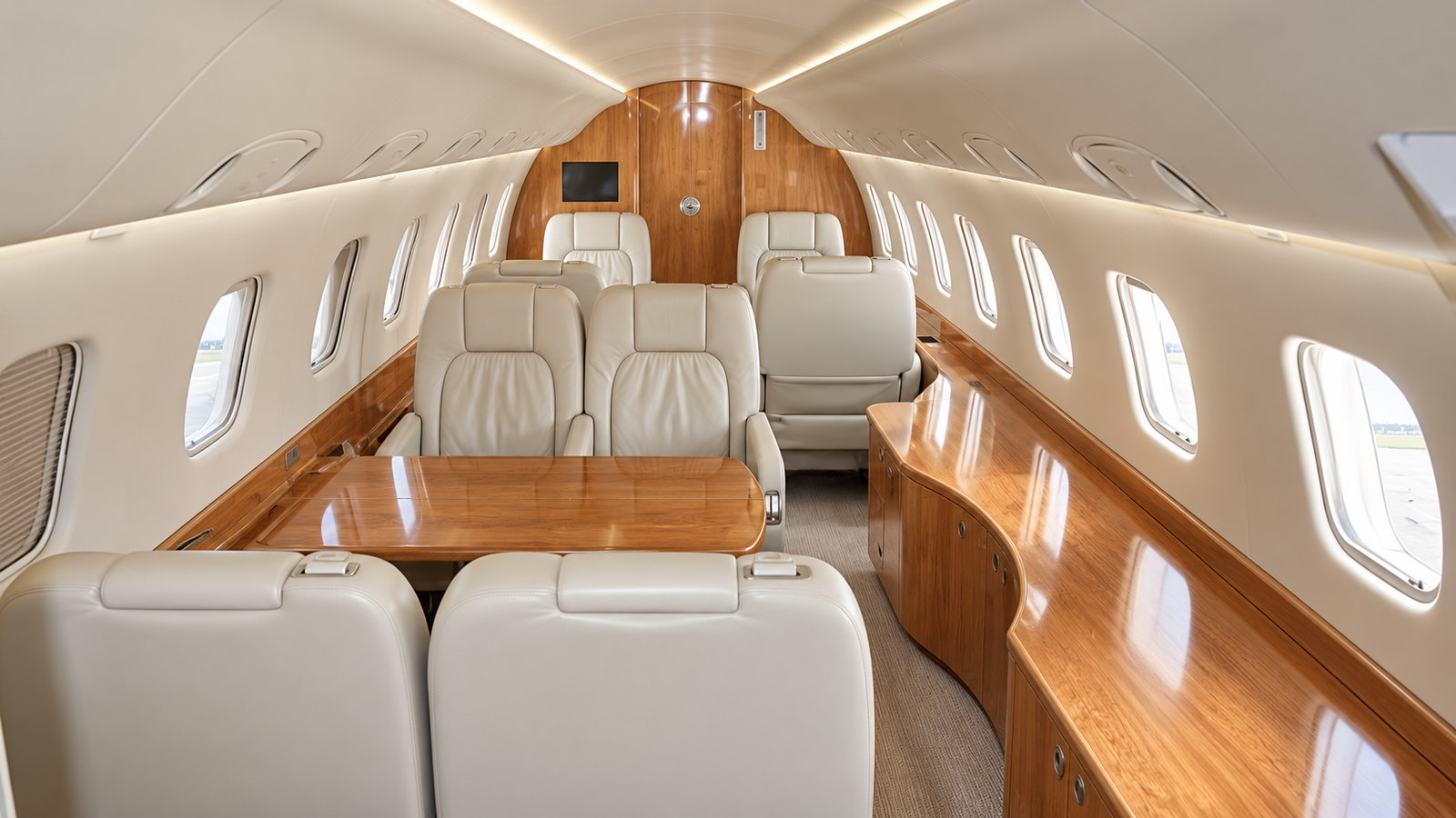 ERJ-135 cabin in an executive layout, club seats in cream leather with wood trim