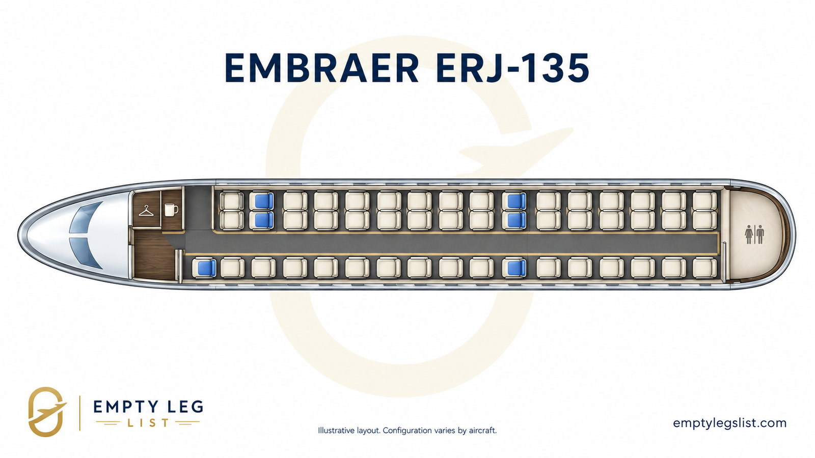 ERJ-135 cabin layout drawing, illustrative