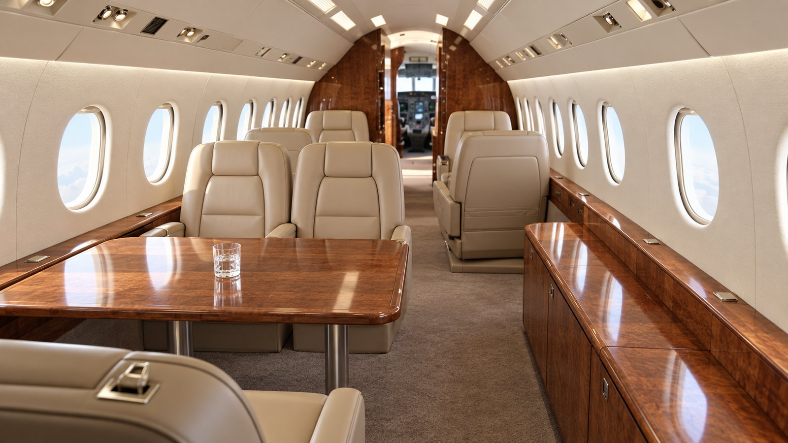 Falcon 2000 cabin looking forward, club seats with a table and a long sideboard