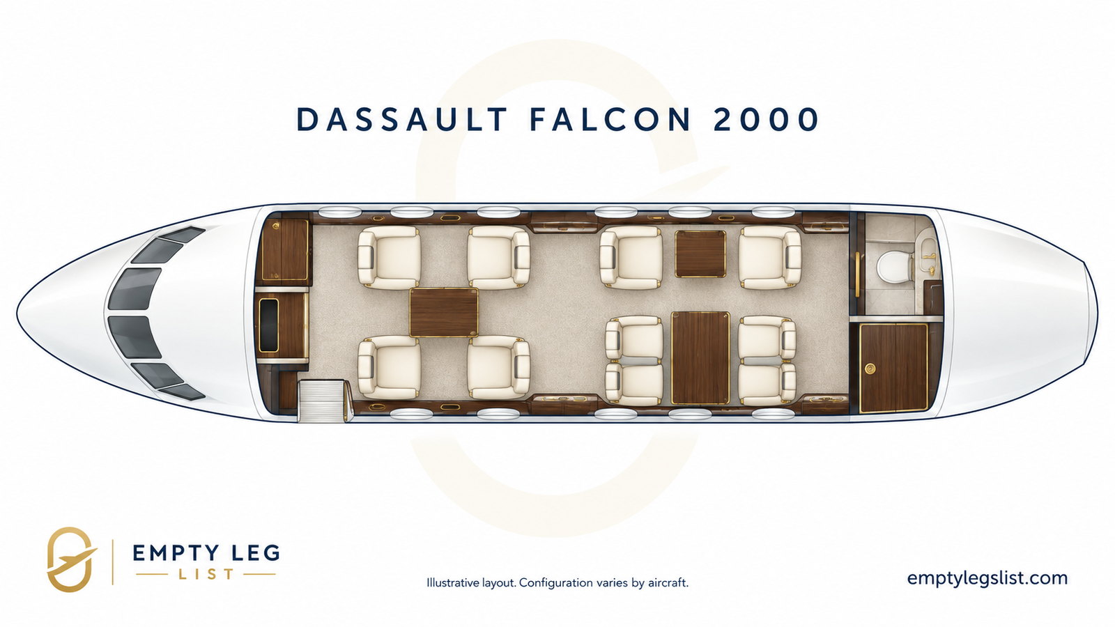 Falcon 2000 cabin layout drawing, illustrative