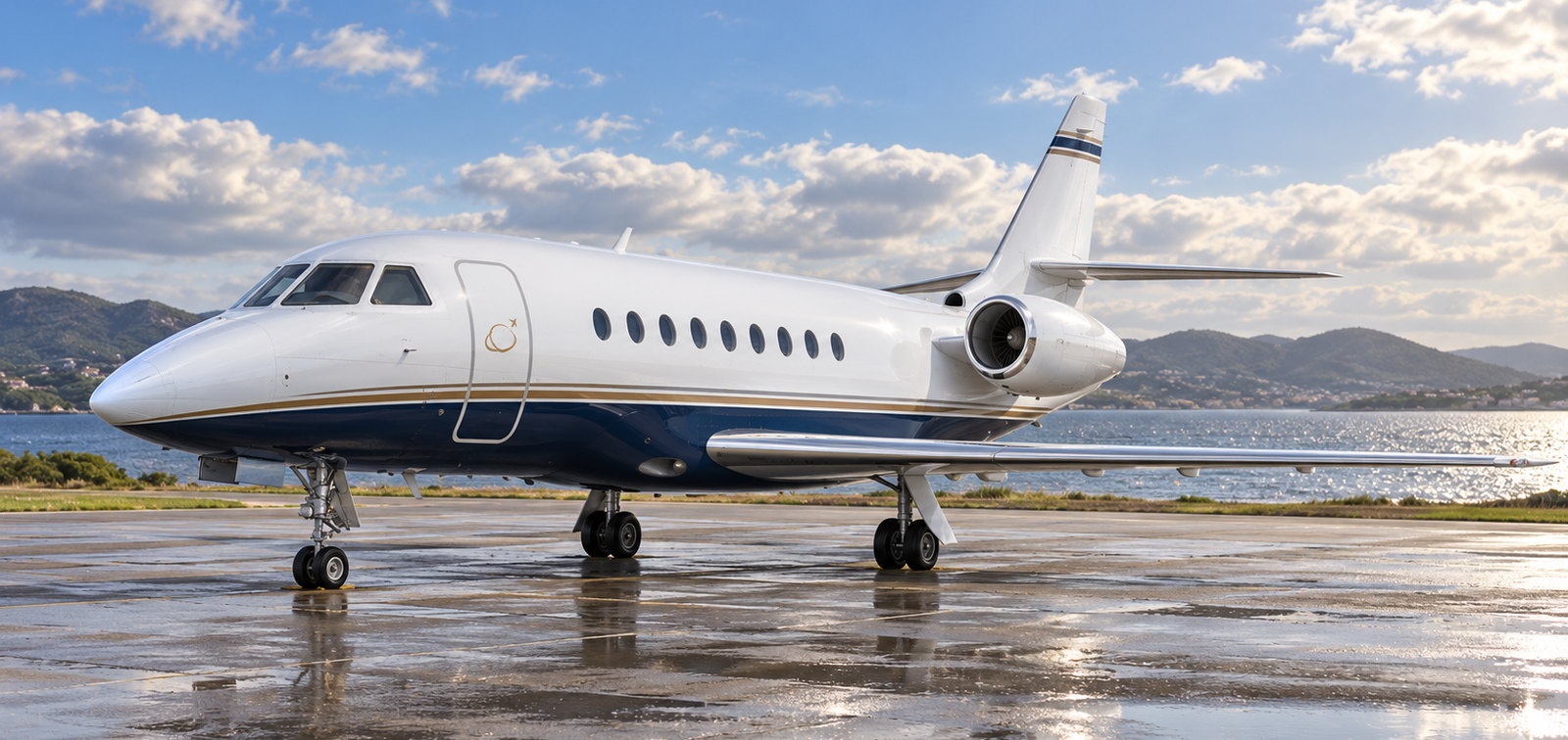 Dassault Falcon 2000 on a wet apron by the water
