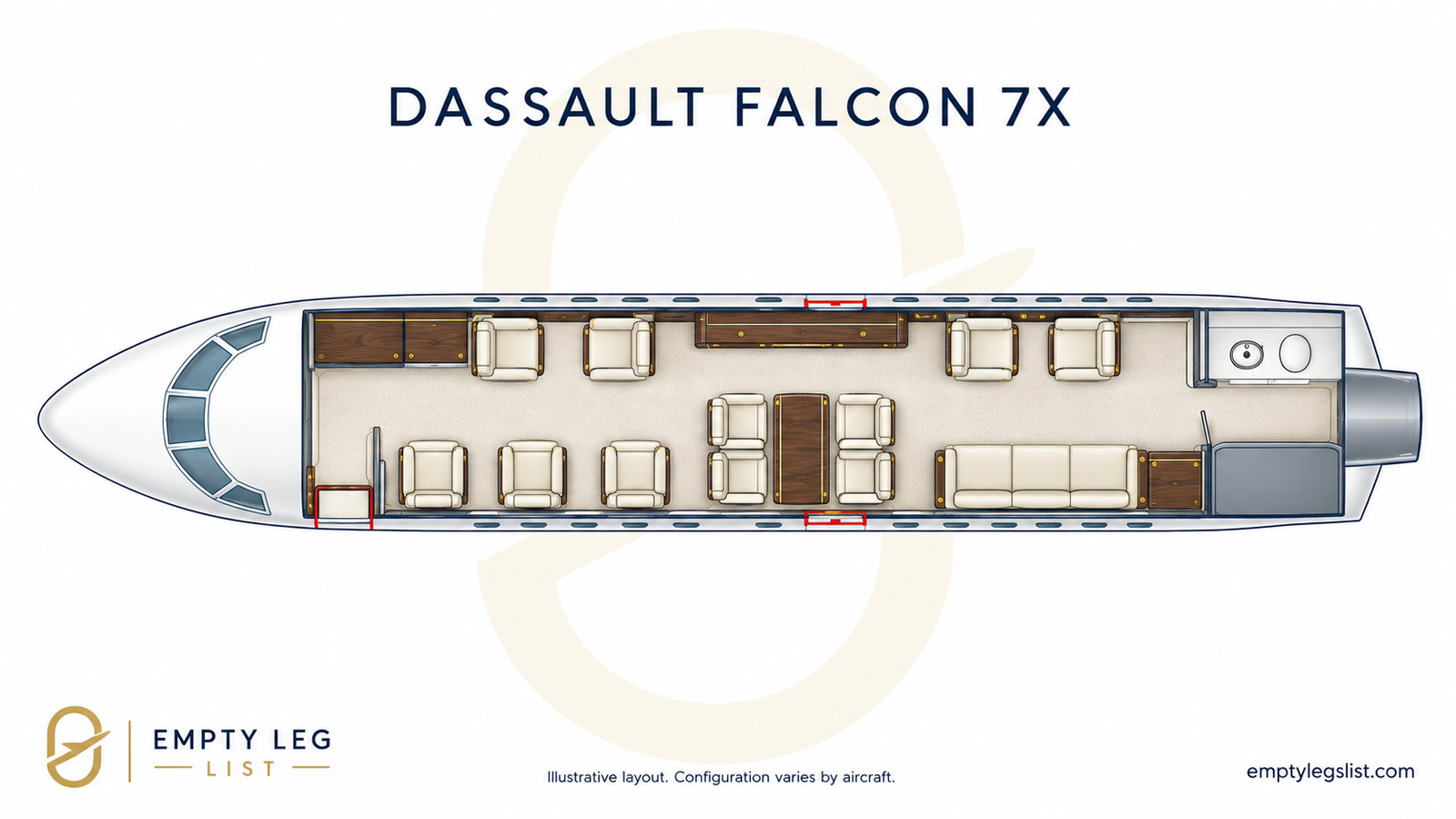 Falcon 7X cabin layout drawing, illustrative