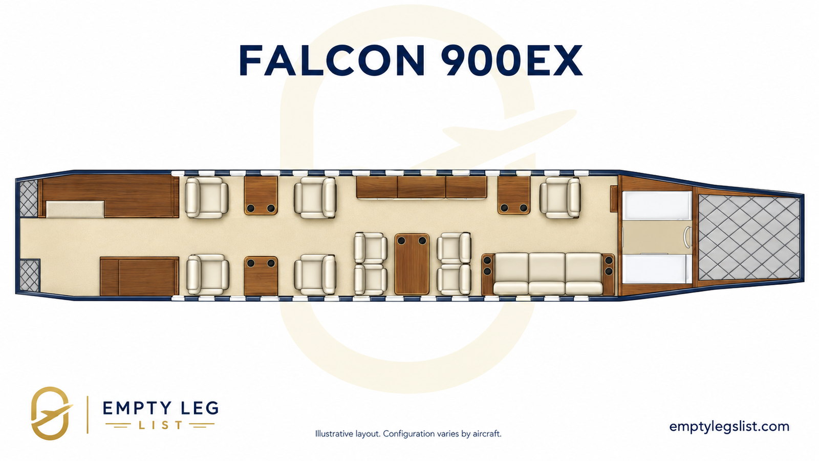 Falcon 900EX cabin layout drawing, illustrative