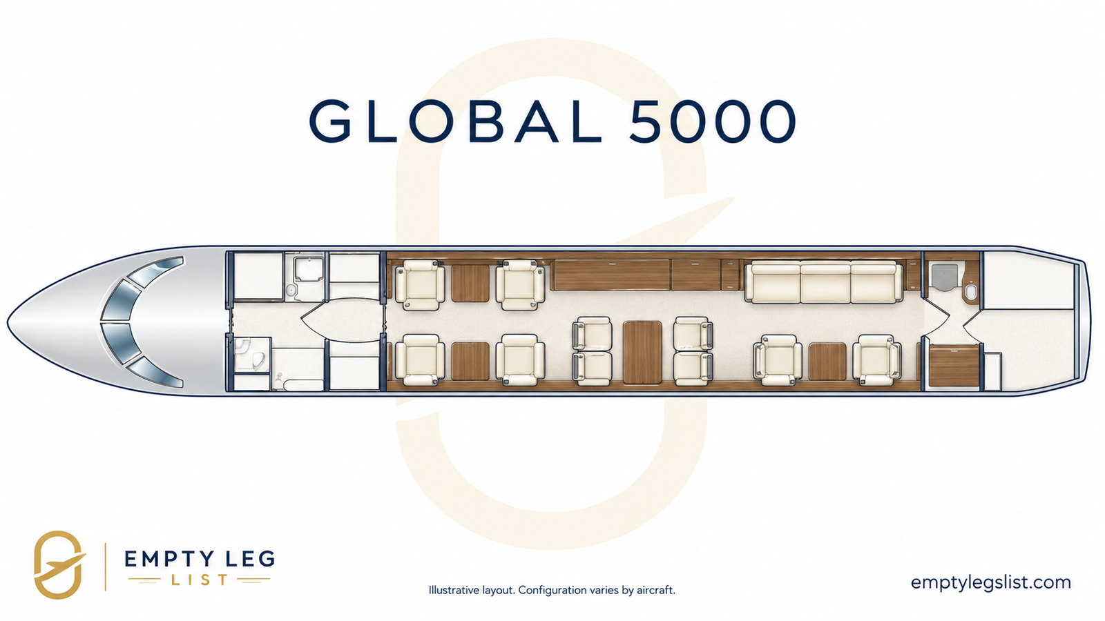 Global 5000 cabin layout drawing, illustrative