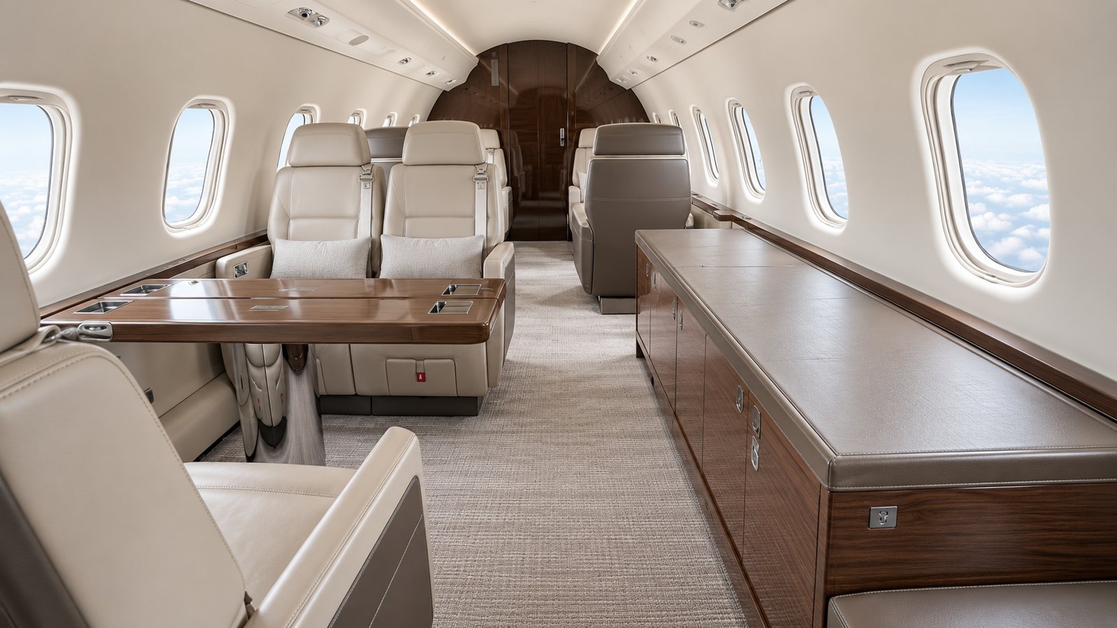 Global 6000 cabin, conference table and credenza in the forward zone, club seats aft