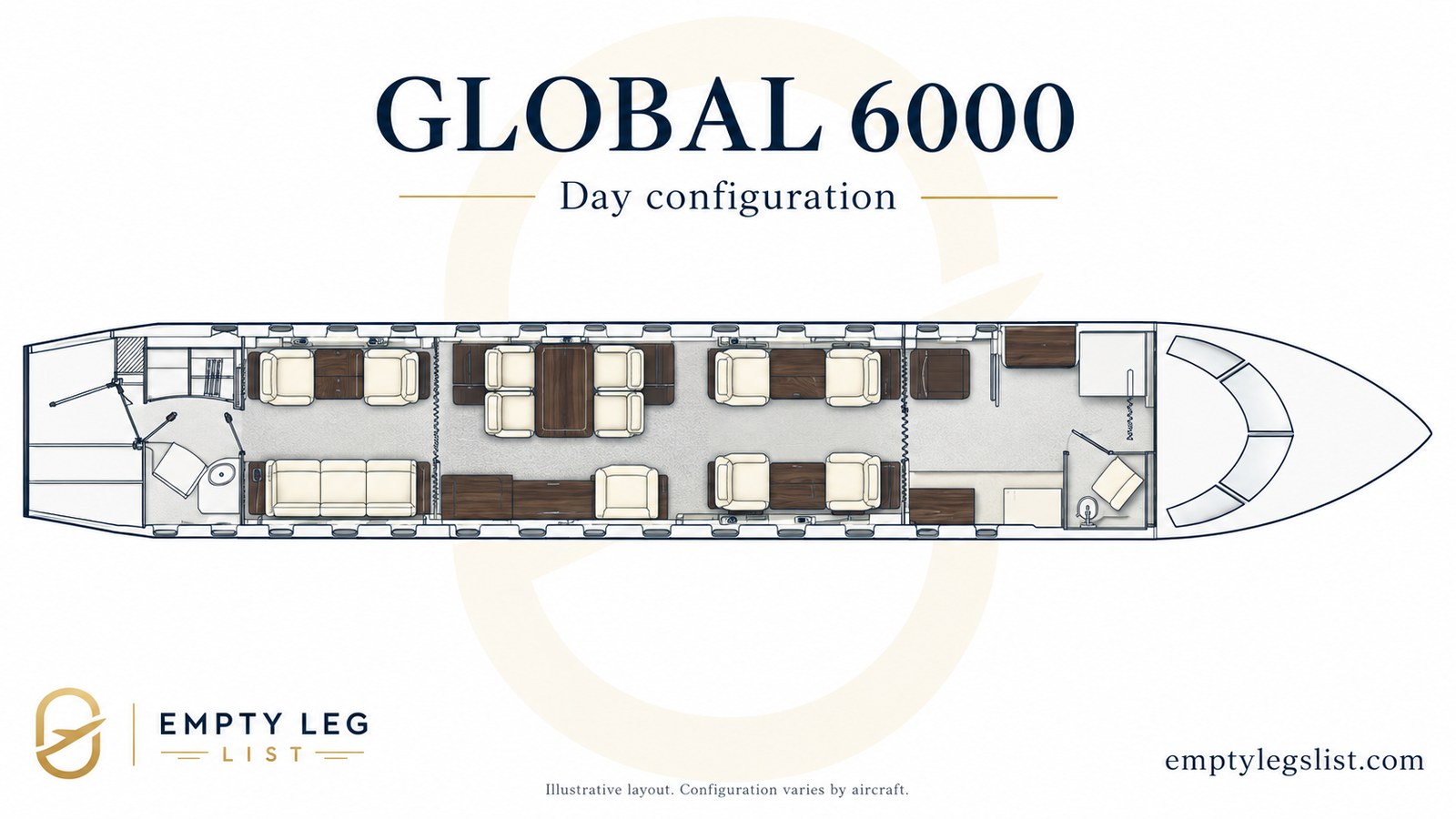 Global 6000 cabin layout diagram, day configuration with three living zones