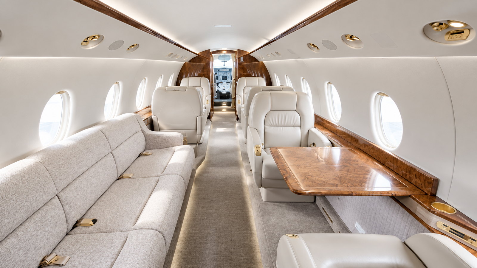 Gulfstream G200 cabin looking forward, a divan along one side and club seats with a wood table