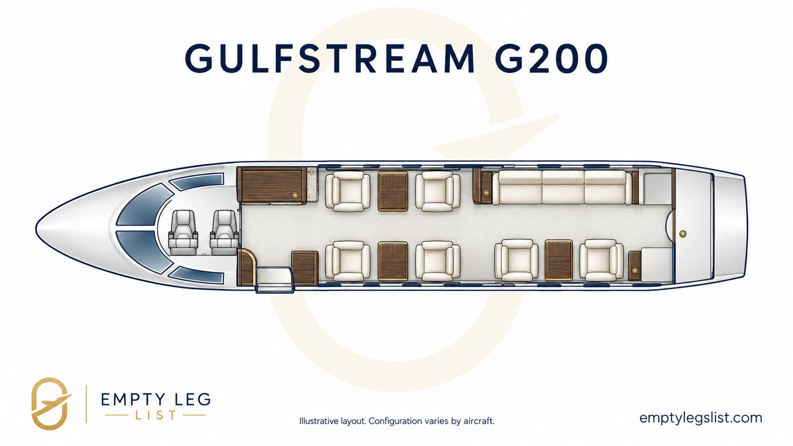 Gulfstream G200 cabin layout drawing, illustrative