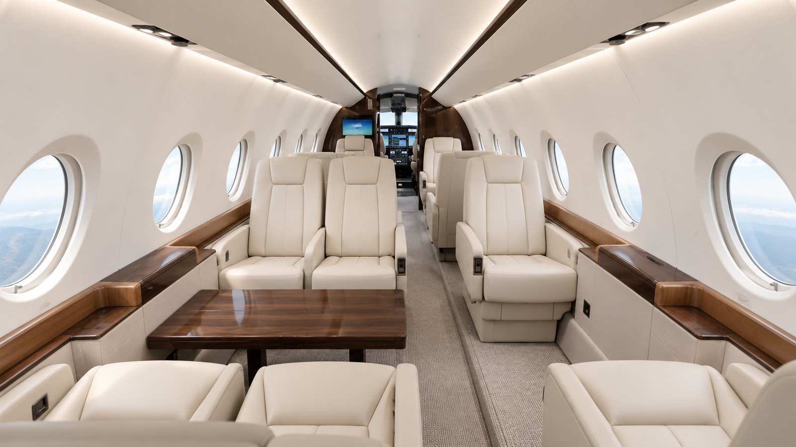 Gulfstream G280 cabin looking forward towards the cockpit, club seats and a table in cream leather