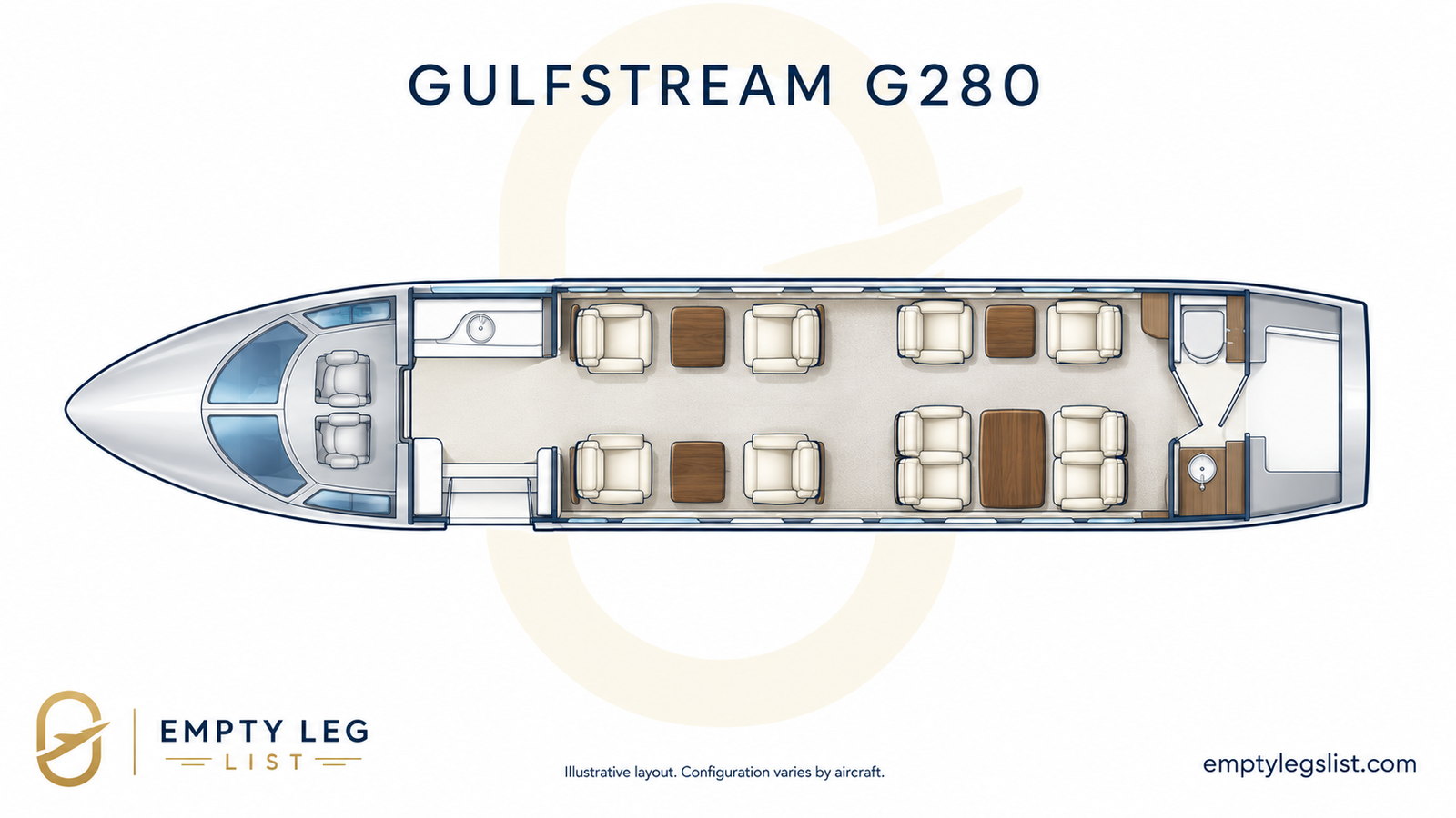 Gulfstream G280 cabin layout drawing, illustrative