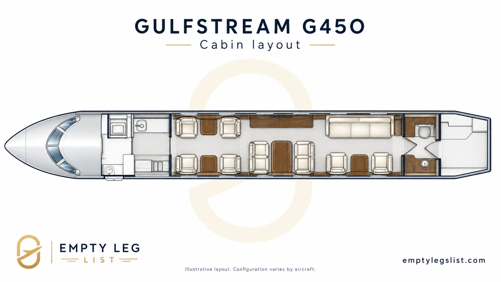 Gulfstream G450 cabin layout drawing, illustrative