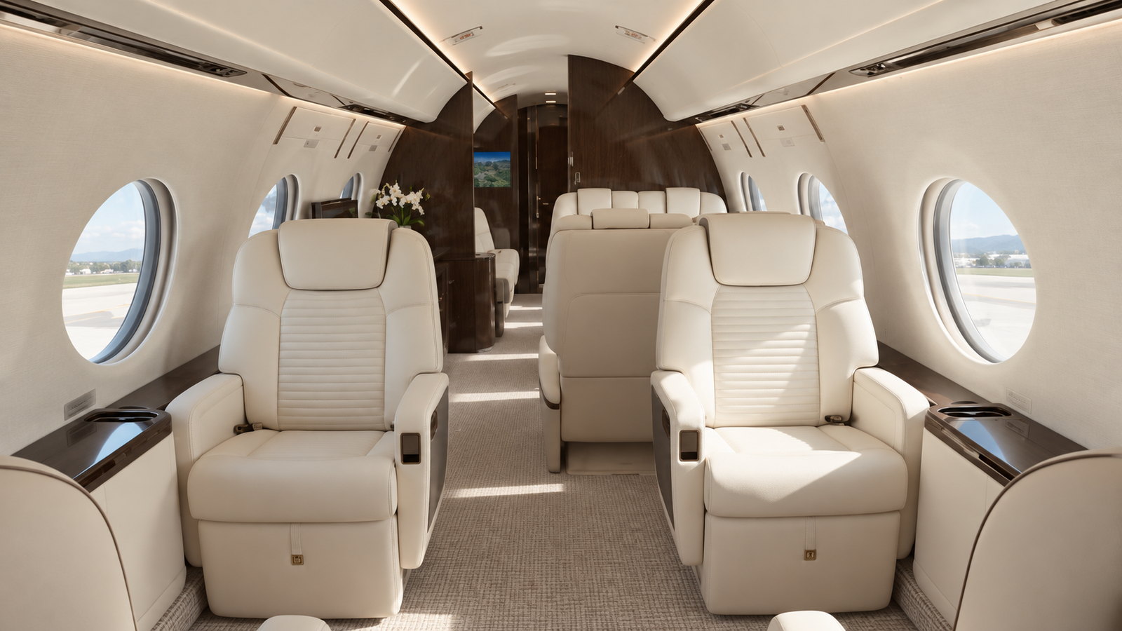 Gulfstream G600 cabin looking aft, club seats in cream leather with dark wood