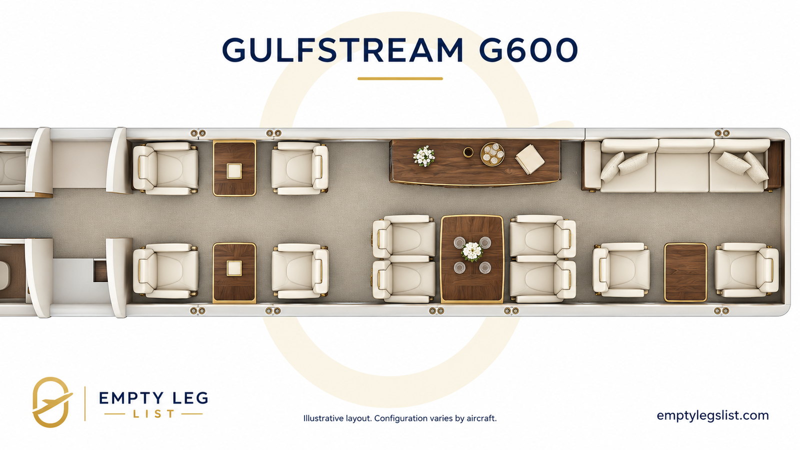 Gulfstream G600 cabin layout drawing, illustrative