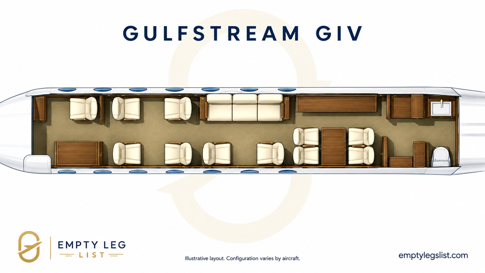 Gulfstream GIV cabin layout drawing, illustrative