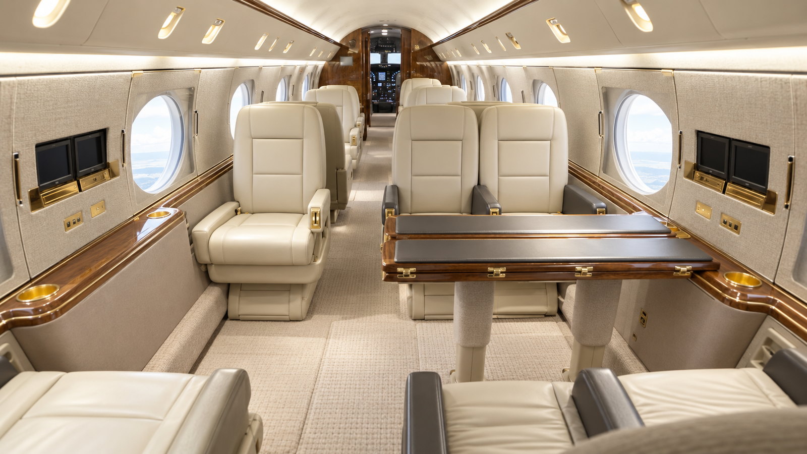 Gulfstream GIV-SP cabin looking forward, club seats and a conference table