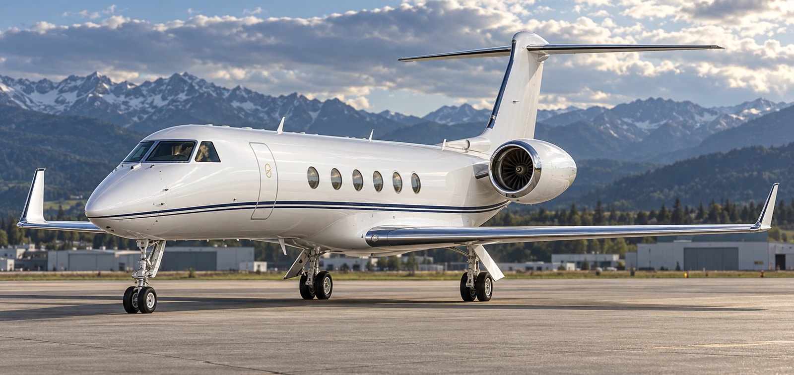 Gulfstream V long range jet on an airfield ramp with snow capped mountains behind