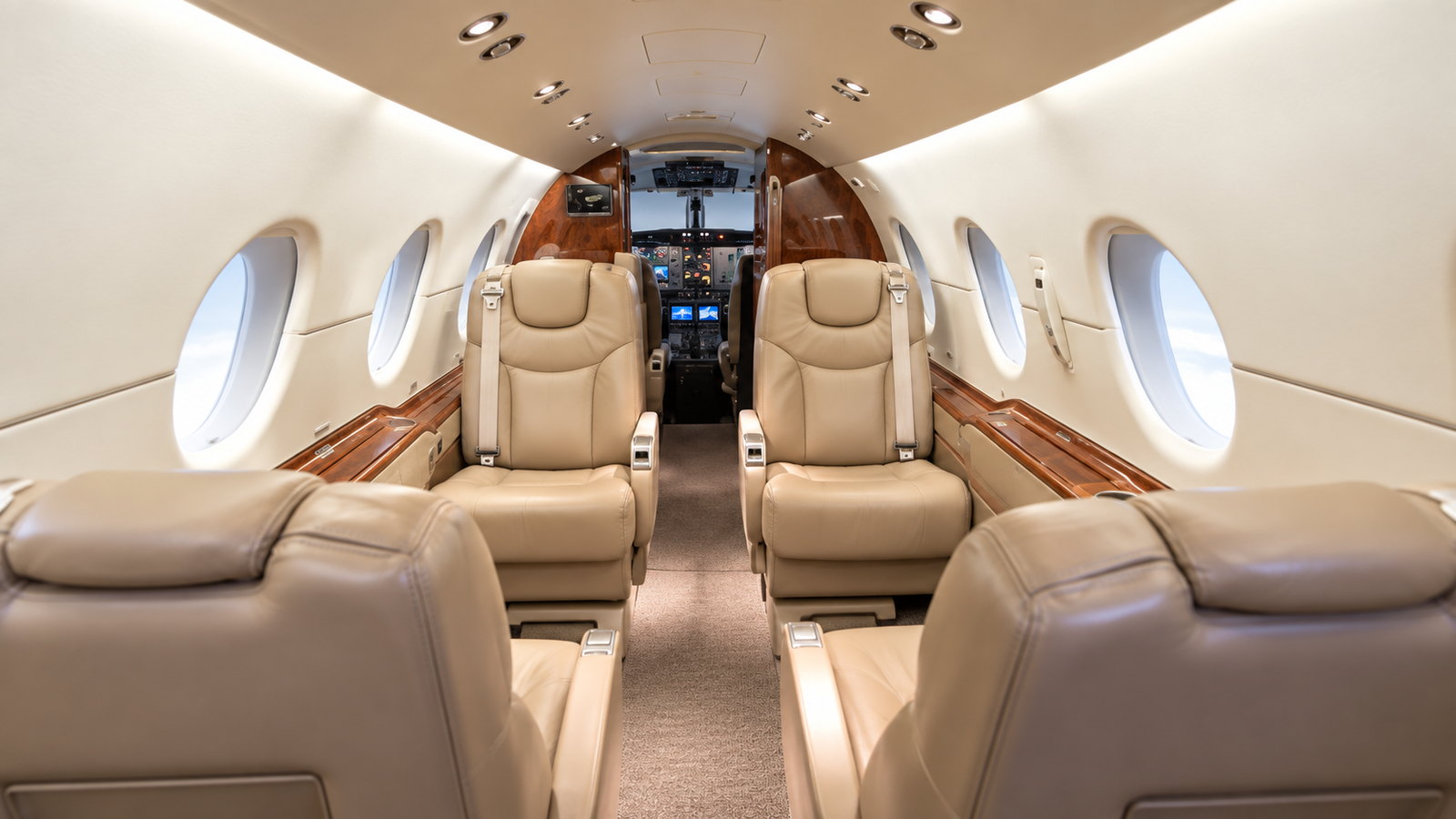 Hawker 400XP cabin looking forward, club seats in light leather
