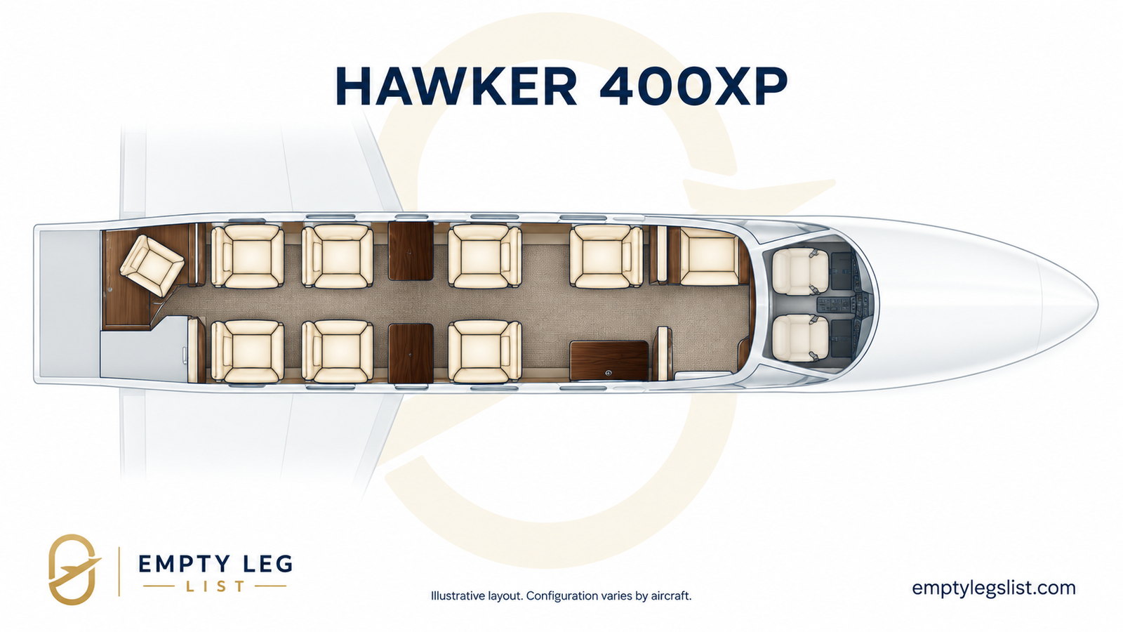 Hawker 400XP cabin layout drawing, illustrative