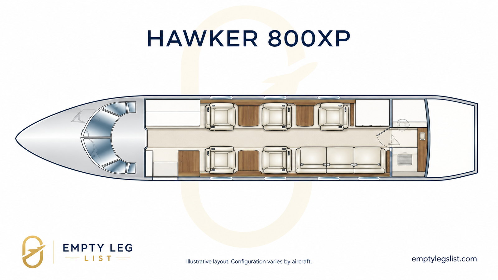 Hawker 800XP cabin layout drawing, illustrative