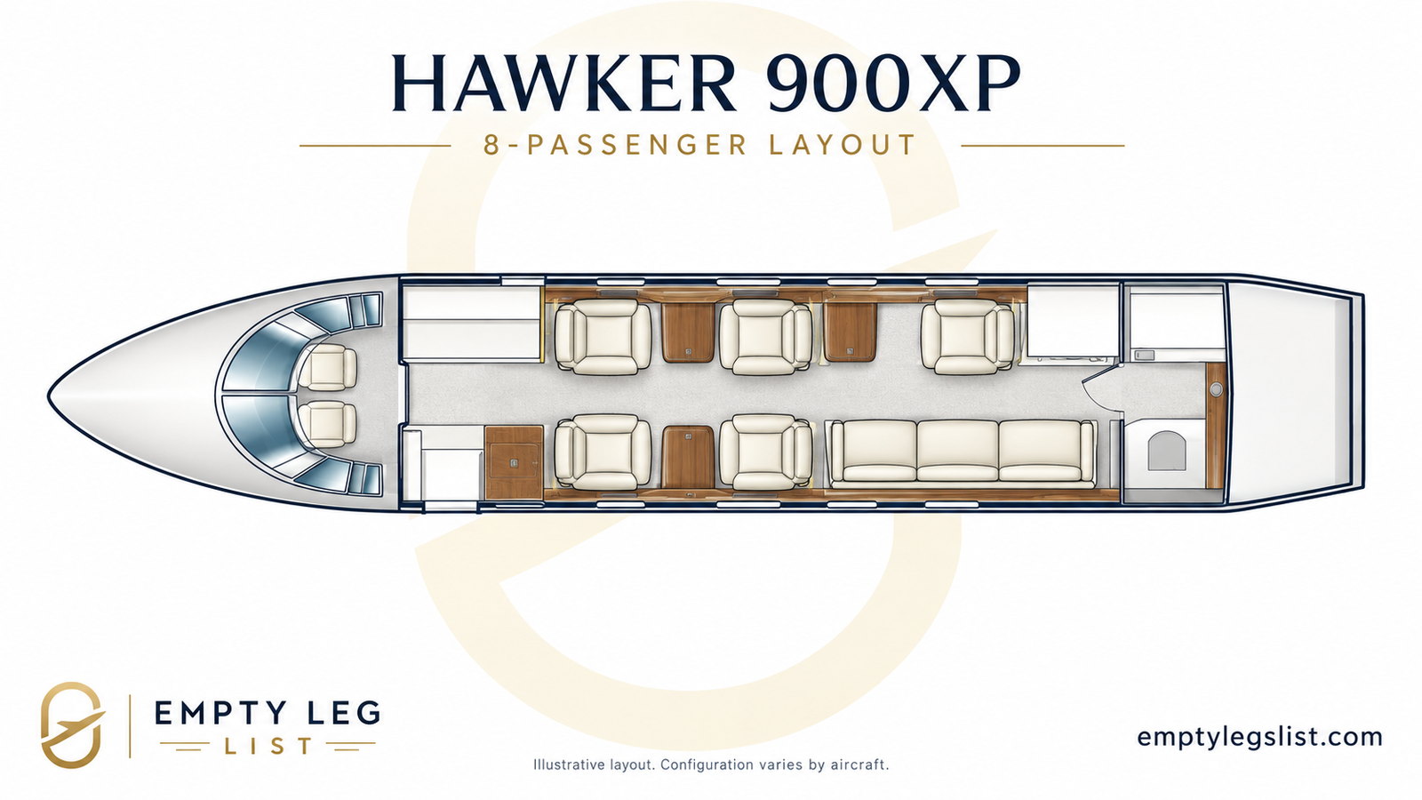 Hawker 900XP cabin layout drawing, eight passenger arrangement, illustrative