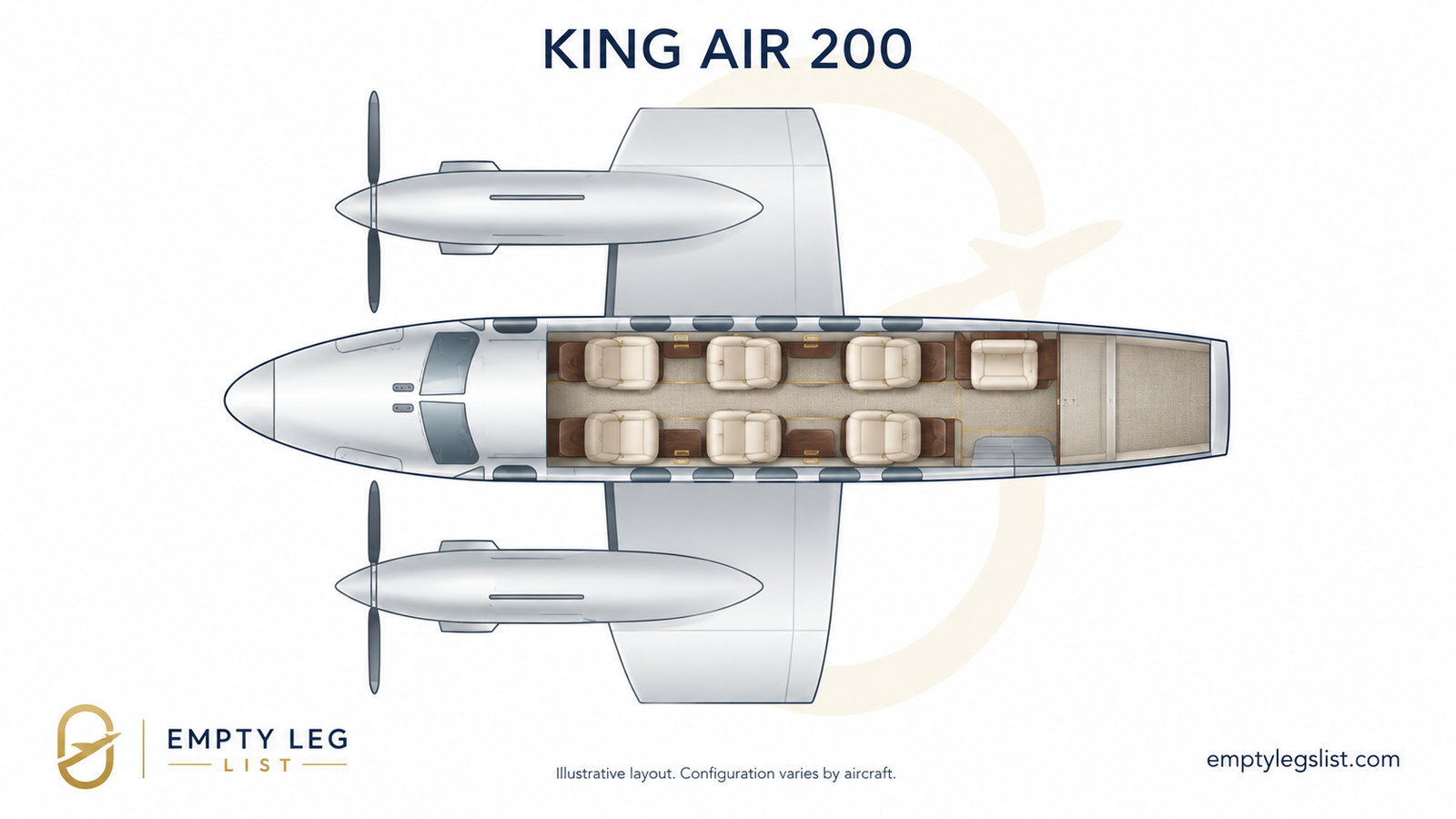 King Air 200 cabin layout drawing, illustrative