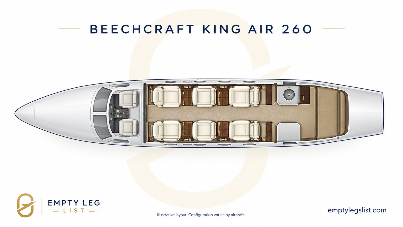 King Air 260 cabin layout drawing, illustrative