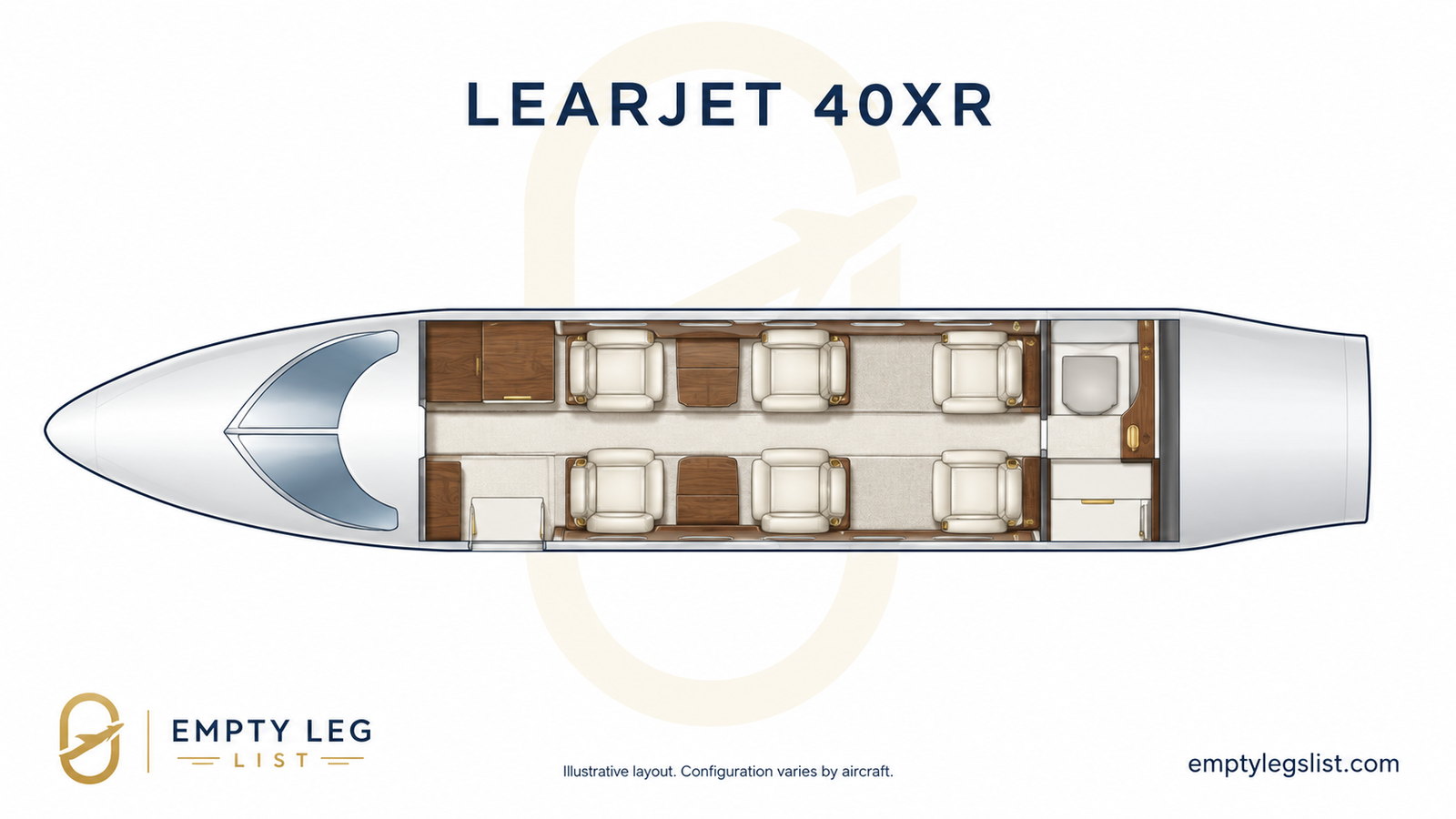 Learjet 40XR cabin layout drawing, illustrative