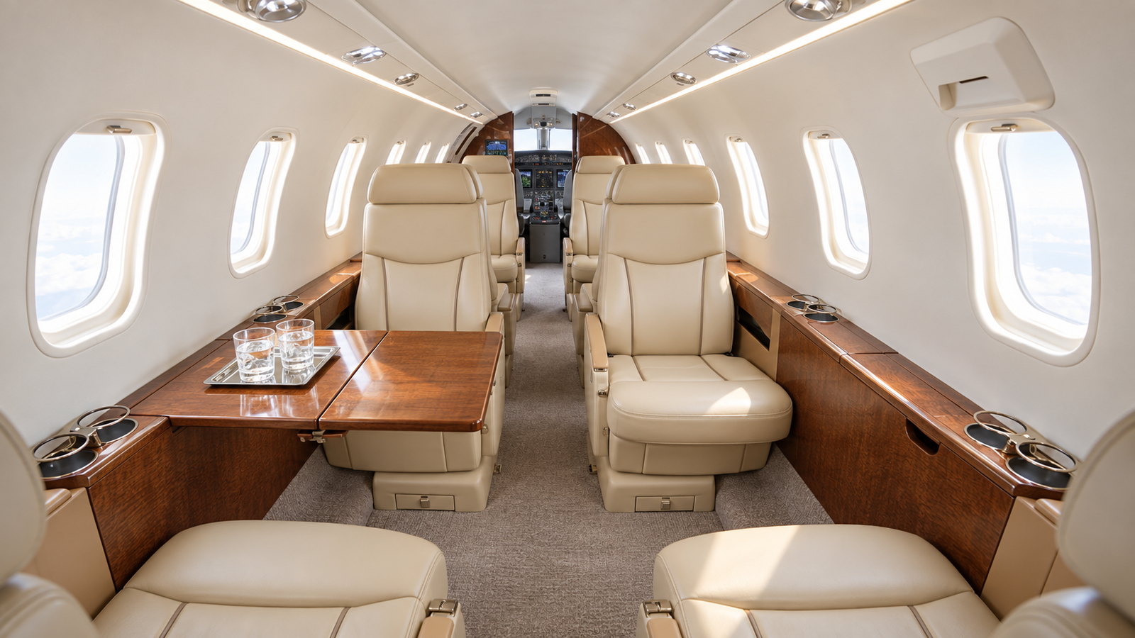 Learjet 45XR cabin looking forward, four club seats in cream leather with tables