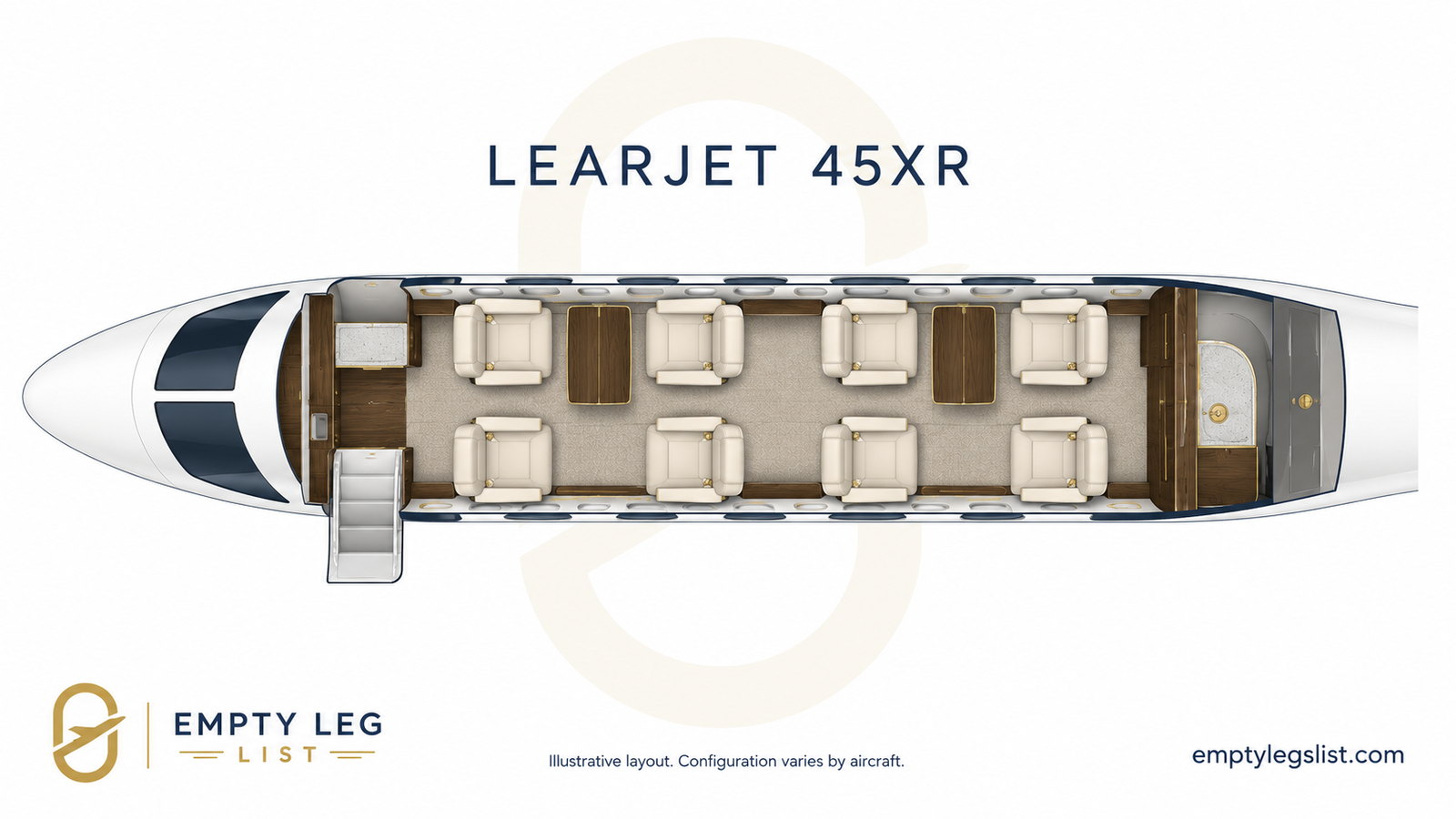 Learjet 45XR cabin layout drawing, illustrative