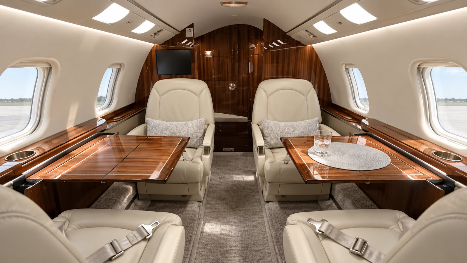 Learjet 60XR cabin looking forward, club seats in cream leather with dark wood tables