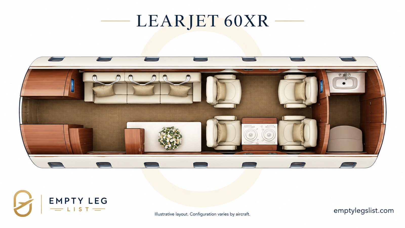 Learjet 60XR cabin layout drawing, illustrative